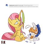  angel_(mlp) blue_eyes duo equine female feral fluttershy_(mlp) fluttershythekind friendship_is_magic holding_object holding_weapon male mammal melee_weapon my_little_pony pegasus simple_background sword tumblr weapon white_background wings 