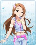  artist_request bare_shoulders belt bracelet breasts brown_eyes brown_hair character_name grin hairband idolmaster idolmaster_(classic) idolmaster_million_live! idolmaster_million_live!_theater_days jewelry long_hair looking_at_viewer midriff million_dreams minase_iori navel necklace official_art one_eye_closed pants small_breasts smile solo thigh_gap 