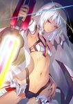  altera_(fate) armpits ass_visible_through_thighs breasts choker collar dark_skin detached_sleeves fate/grand_order fate_(series) foreshortening hand_on_hip highres jitome looking_at_viewer nail_polish navel nilitsu orange_eyes outstretched_arm photon_ray serious small_breasts solo sword weapon white_hair 