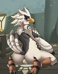  2017 anthro anus avian balls beak bird blush breath_of_the_wild butt digital_media_(artwork) drako1997 feathers hi_res jewelry lamp male markings nintendo nude outside penetration raised_tail rito sitting snow solo talons teba_(zelda) the_legend_of_zelda video_games white_feathers wings yellow_eyes 