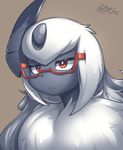  2017 absol ambiguous_gender edit eyewear feline feral fluffy fur glasses hi_res mammal nintendo pok&eacute;mon red_eyes signature simple_background video_games white_fur zinfyu 