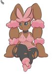  anthro big_ears black_sclera blue_eyes breasts brown_fur choker cleavage clothed clothing female fur immortalstar mega_evolution mega_lopunny nintendo open_mouth pink_fur pok&eacute;mon pok&eacute;morph shiny_pok&eacute;mon simple_background sitting solo thick_thighs torn_stockings video_games white_background wide_hips 
