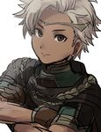  boey_(fire_emblem) brown_eyes cape circlet crossed_arms dark_skin dark_skinned_male fire_emblem fire_emblem_echoes:_mou_hitori_no_eiyuuou gloves kometubu0712 male_focus simple_background upper_body white_background white_hair 