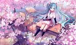  aqua_eyes aqua_hair chair cherry_blossoms desk diploma floating_hair full_body hatsune_miku highres kneehighs long_hair necktie on_desk petals sakura_no_ame_(vocaloid) school_uniform siji_(szh5522) sitting sitting_on_desk skirt solo tree twintails very_long_hair vocaloid 