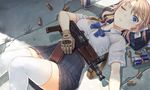  aks-74u assault_rifle black_skirt blonde_girl_(itou) blonde_hair blouse blue_bow blue_eyes blue_neckwear bow bowtie bra_through_clothes breasts brown_gloves commentary_request draco_(weapon) gloves gun highres itou_(onsoku_tassha) looking_at_viewer lying medium_breasts miniskirt on_back on_ground one_eye_closed original pleated_skirt red_bull rifle school_uniform shell_casing short_sleeves skirt solo thighhighs weapon white_blouse white_legwear wing_collar 