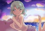  1girl artist_request bangs barefoot blue_skirt blue_sky blush bow character_request clouds copyright_request green_hair hair_bow looking_at_viewer no_shoes pink_bow purple_sky short_hair skirt sky smile soles solo tank_top toes 
