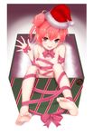  1girl artist_request barefoot bow character_request cleavage copyright_request feet_up gift_box green_eyes hair looking_at_viewer looking_up naked_ribbon no_shoes nude pink_bow pink_ribbon red_hair ribbon ribbon_bondage santa_hat short_hair soles solo toes 