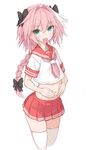  astolfo_(fate) bangs blush braid commentary fang fate/apocrypha fate/grand_order fate_(series) goekawa hair_ribbon long_hair looking_at_viewer male_focus navel neckerchief open_mouth otoko_no_ko pink_hair pleated_skirt purple_eyes red_sailor_collar red_skirt ribbon sailor_collar school_uniform serafuku short_sleeves simple_background single_braid skirt solo standing thighhighs white_background white_legwear zettai_ryouiki 