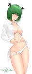  blush brandish_mu breasts cleavage collarbone cross cross_earrings earrings eyebrows_visible_through_hair fairy_tail green_eyes green_hair highres jewelry large_breasts navel open_clothes open_shirt panties panty_slip shirt solo underwear white_panties 