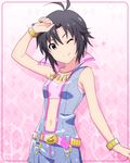  antenna_hair armpits artist_request bare_shoulders belt black_eyes black_hair bracelet breasts closed_mouth collarbone idolmaster idolmaster_(classic) idolmaster_million_live! idolmaster_million_live!_theater_days jewelry kikuchi_makoto looking_at_viewer midriff million_dreams navel necklace official_art one_eye_closed short_hair sleeveless small_breasts smile solo 