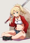  blonde_hair breasts clarent fate/apocrypha fate_(series) green_eyes highres kei_(0497) looking_at_viewer medium_breasts mordred_(fate) mordred_(fate)_(all) navel ponytail simple_background smile solo stone sword weapon 