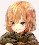  absurdres bangs blonde_hair blue_eyes blush commentary_request eyebrows_visible_through_hair fang girls_und_panzer grey_background hair_between_eyes highres katyusha looking_at_viewer military military_uniform open_mouth pravda_military_uniform simple_background smile solo sukemyon uniform upper_body 