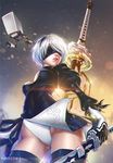  ass_visible_through_thighs blindfold cleavage_cutout feather_trim from_below gloves lips nier_(series) nier_automata parted_lips patreon_username pod_(nier_automata) puffy_sleeves short_hair silver_hair sword thighhighs weapon wind yagi_hikaru yorha_no._2_type_b 
