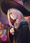  a6 hair_over_one_eye hat highres holding holding_spoon light_smile lips little_witch_academia long_hair mushroom nose pink_hair potion robe solo sparkling_eyes spoon sucy_manbavaran tube witch_hat yellow_eyes 