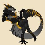  2017 amber_eyes anthro armwear black_fur black_hair chest_tuft claws clothed clothing collar corset crossdressing crossed_legs digital_media_(artwork) elbow_gloves fur gloves grey_fur hair legwear lingerie looking_at_viewer male mammal multicolored_fur neltruin nude pawpads riding_crop sergal simple_background sitting smile solo stockings toes tuft whip yellow_fur 