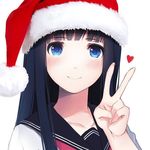  bangs black_hair blue_eyes blush caidychen closed_mouth collarbone commentary eyebrows_visible_through_hair fingernails hat heart long_hair looking_at_viewer neckerchief original red_hat red_heart red_neckwear santa_hat school_uniform serafuku simple_background smile solo upper_body v white_background 