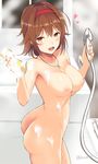  :d ass bangs bathroom blush breasts brown_eyes brown_hair collarbone commentary_request cowboy_shot eyebrows_visible_through_hair headband heart jewelry kantai_collection looking_at_viewer looking_back medium_breasts necklace nipples nude open_mouth red_headband ring shiny shiny_hair shiratsuyu_(kantai_collection) short_hair shower_head showering smile soap_bubbles solo sponge standing steam takaharu twitter_username wedding_band 