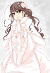  :d ahoge alternate_costume axis_powers_hetalia brown_hair dress flower gloves hair_flower hair_ornament highres long_hair open_mouth red_eyes shouyu_no_otomo smile solo taiwan_(hetalia) wavy_hair white_dress white_gloves 