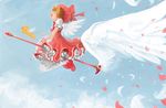  angel_wings blonde_hair boots broom broom_riding cardcaptor_sakura cloud commentary_request dress frilled_skirt frills fuuin_no_tsue hat kero kinomoto_sakura magical_girl open_mouth red_dress short_sleeves skirt sky smile somehira_katsu thighhighs white_legwear wings 