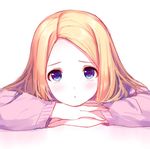  bangs blonde_hair blue_eyes blush caidychen chin_rest commentary head_on_hand head_rest long_hair long_sleeves looking_at_viewer original parted_bangs pink_sweater simple_background sweater white_background 