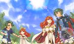 2girls alm_(fire_emblem) armor blue_sky bow breastplate cape celica_(fire_emblem) child commentary_request couple day dress field fire_emblem fire_emblem_echoes:_mou_hitori_no_eiyuuou fire_emblem_gaiden floral_background flower flower_field green_hair hachimaru_(ediciusa) hair_bow hetero holding holding_hands multiple_boys multiple_girls outdoors pauldrons red_hair running sky smile sun 