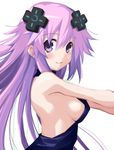  adult_neptune blush breasts closed_mouth d-pad d-pad_hair_ornament dress hair_ornament iwasi-r long_hair looking_at_viewer looking_back medium_breasts neptune_(series) no_bra purple_eyes purple_hair shin_jigen_game_neptune_vii shiny shiny_hair shiny_skin sideboob simple_background solo very_long_hair white_background 