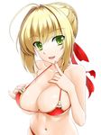  bikini bikini_day blonde_hair breast_suppress breasts commentary_request eyebrows_visible_through_hair fate/grand_order fate_(series) finger_to_chin green_eyes highres large_breasts looking_at_viewer micro_bikini navel nero_claudius_(fate) nero_claudius_(fate)_(all) red_bikini simple_background smile solo swimsuit toranoo upper_body white_background 