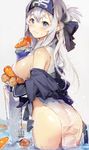  ainu_clothes anchor ass blue_eyes blue_gloves blush breasts carrot chain closed_mouth cowboy_shot folded_ponytail from_behind gloves headband highres jacket kamoi_(kantai_collection) kantai_collection large_breasts long_hair looking_to_the_side onion simple_background solo souji_hougu thick_eyebrows wading wavy_mouth wet white_hair 