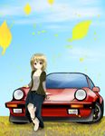  1girl :3 artist_request autumn barefoot blonde_hair blue_skirt blue_sky car character_request clouds collarbone copyright_request falling_leaves feet leaf long_hair long_skirt looking_at_viewer no_shoes orange_eyes sitting sitting_on_car sky smile soles solo toes 