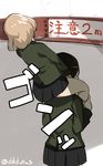  black_hair blonde_hair carrying girls_und_panzer hitting katyusha miniskirt multiple_girls nonna overpass pravda_school_uniform short_hair shoulder_carry sketch skirt uniform yusukesan 