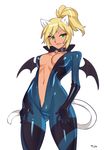  animal_ears bell bell_choker blonde_hair bodysuit breasts bunny_and_fox_world cat_ears cat_tail center_opening choker cleavage green_eyes looking_at_viewer medium_breasts navel original ponytail sapphicneko_(sapphicneko) simple_background smile solo standing tail typo_(requiemdusk) wings 