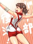  background_text brown_eyes brown_hair commentary_request cowboy_shot elbow_pads emphasis_lines from_behind girls_und_panzer jumping kawanishi_shinobu oosaka_kanagawa open_mouth red_shirt red_shorts shirt short_hair short_ponytail short_shorts shorts sleeveless sleeveless_shirt solo sportswear volleyball_uniform 