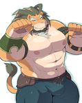  arslan barazoku bulge clothed clothing feline green_hair hair lion looking_at_viewer male mammal muscular nipples simple_background tokyo_afterschool_summoners topless white_background 