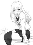  artist_name blush bra commentary_request dated eyebrows_visible_through_hair from_side greyscale highres legs_together long_hair long_sleeves looking_at_viewer monochrome open_clothes open_shirt original parted_lips revision school_uniform shirt signature simple_background sitting smile solo tabata_hisayuki thighhighs underwear 