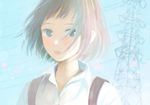  backpack bad_id bad_pixiv_id bag blue_eyes blue_sky blush bob_cut brown_hair collarbone commentary_request day hair_over_one_eye looking_at_viewer nakamura_hinata original portrait power_lines shirt short_hair sky solo sunlight transmission_tower white_shirt wing_collar 