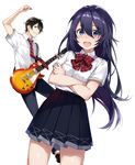  1girl arisaka_ako arm_up bangs black_eyes black_hair black_skirt blouse blush commentary_request cover cover_page cowboy_shot crossed_arms dutch_angle eyebrows_visible_through_hair grin guitar hair_between_eyes hikikomori-hime_wo_utawasetai! instrument les_paul long_hair necktie novel_cover open_mouth parted_lips plaid plaid_neckwear pleated_skirt plectrum purple_eyes purple_hair school_uniform short_sleeves simple_background skirt smile solo_focus standing thighs white_background white_blouse 