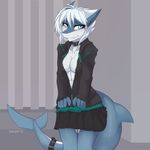  2016 anthro blue_eyes blush breasts clothed clothing cute cyana_(code-blocker) ear_piercing female fish hair inside looking_at_viewer marine nipple_bulge non-mammal_breasts open_jacket piercing shark skirt slit_pupils smile solo standing white_hair xaenyth 