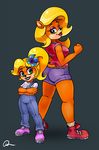  anthro bandicoot belt black_nose blonde_hair breast_size_difference breasts butt_pose clothed clothing coco_bandicoot crash_bandicoot_(series) crossed_arms dannyjay duo eyebrows eyelashes eyeshadow female footwear green_eyes grey_background hair larger_female lipstick long_hair looking_at_viewer makeup mammal marsupial overalls ponytail shirt shoes shorts simple_background size_difference smaller_female smile tawna_bandicoot video_games 