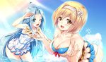  :d ;d ahoge ass bangs blonde_hair blue_eyes blue_hair blue_sky blush breasts brown_eyes cleavage collarbone commentary_request cowboy_shot day djeeta_(granblue_fantasy) frilled_swimsuit frills granblue_fantasy hairband hinata_sora large_breasts leaning_forward long_hair looking_at_viewer lyria_(granblue_fantasy) multiple_girls one-piece_swimsuit one_eye_closed open_mouth partially_submerged short_hair sky smile sparkle sunlight swimsuit very_long_hair 