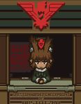  animal_ears brown_eyes brown_hair cat_ears commentary_request english expressionless fur-trimmed_hat fur_trim green_hat green_jacket hat jacket long_sleeves looking_at_viewer no_nose original papers_please pixel_art poster_(object) short_hair solo yazawa_akio 