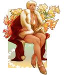  bare_legs blonde_hair breasts cleavage coat commentary_request dress flats floral_background flower fur_trim gold_footwear highres invisible_chair large_breasts looking_at_viewer looking_to_the_side no_socks open_mouth original outside_border red_eyes satin shoes short_hair sitting smile solo very_short_hair vigwer 