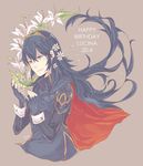  blue_eyes blue_hair cape falchion_(fire_emblem) fingerless_gloves fire_emblem fire_emblem:_kakusei flower gloves long_hair lucina open_mouth smile solo sword tiara weapon 