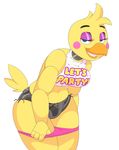  2014 acstlu animatronic anthro avian beak bib bird breasts chicken clothing eyelashes eyeshadow eyewear female five_nights_at_freddy&#039;s five_nights_at_freddy&#039;s_2 gears half-closed_eyes hi_res looking_at_viewer machine makeup non-mammal_breasts panties panty_pull robot seductive smile solo suggestive thick_thighs toy_chica_(fnaf) underwear undressing video_games voluptuous wide_hips wire 