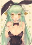  animal_ears black_bow black_leotard black_neckwear blush bow bowtie breasts bunny_ears bunny_tail bunnysuit cleavage detached_collar fate/grand_order fate_(series) green_hair horns kiyohime_(fate/grand_order) large_breasts leotard long_hair looking_at_viewer open_mouth pantyhose smile solo strapless strapless_leotard suzuho_hotaru tail twitter_username upper_body wrist_cuffs yellow_eyes 