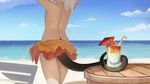  back bendy_straw bikini bikini_skirt blue_sky chair cloud cocktail_umbrella cup day drink drinking_glass drinking_straw flat_chest frills from_behind head_out_of_frame highres horizon legs lizard_tail long_hair monster_girl ocean original outdoors paintrfiend prehensile_tail shade side-tie_bikini sky solo standing sunlight swimsuit table tail thigh_gap topless tying_hair underwear white_hair 