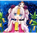  :d bamboo blue_background blue_eyes curly_hair detached_sleeves double_bun flower_knight_girl izumi_yukiru japanese_clothes long_hair looking_at_viewer open_mouth panda sanderiana_(flower_knight_girl) smile solo tanzaku translation_request twintails upper_body white_hair 