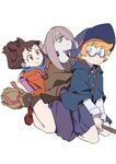  arai_hiroki blonde_hair blue_eyes broom broom_riding brown_hair cloak freckles glasses hair_over_one_eye hat highres hood hoodie jacket kagari_atsuko little_witch_academia lotte_jansson luna_nova_school_uniform multiple_girls multiple_riders pale_skin red_eyes short_ponytail shorts sucy_manbavaran white_background witch witch_hat 