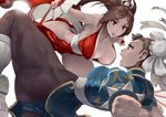  agira ass blue_panties boots bracelet breasts brown_eyes brown_hair brown_legwear bun_cover china_dress chinese_clothes chun-li covered_nipples crossover double_bun dress dual_wielding fan fatal_fury folding_fan highres holding jewelry large_breasts lipstick makeup multiple_girls ninja open_mouth panties pantyhose pelvic_curtain ponytail puffy_short_sleeves puffy_sleeves revealing_clothes sash shiranui_mai short_sleeves simple_background spiked_bracelet spikes street_fighter the_king_of_fighters underwear white_background white_footwear 