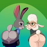  2017 anthro anus bent_over blush bottomless butt caprine clothed clothing dawn_bellwether disney eyewear glasses green_eyes half-closed_eyes judy_hopps lagomorph lonbluewolf looking_at_viewer looking_back mammal open_mouth purple_eyes pussy rabbit sheep teeth tongue zootopia 