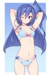  &gt;:( ;( armpits ass_visible_through_thighs blue_bra blue_eyes blue_hair blue_panties blush bow bow_bra bow_panties bra breasts cleavage cowboy_shot debutya_aki frown hair_between_eyes kazanari_tsubasa long_hair navel one_eye_closed one_side_up panties senki_zesshou_symphogear small_breasts solo sweatdrop underwear v-shaped_eyebrows 